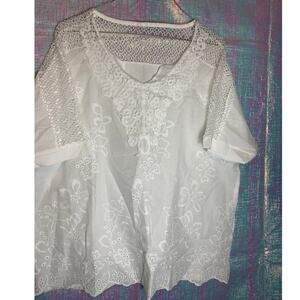 White Lace Embroidery Blouse Short Sleeve Top Womens Lg Cottagecore Fairycore